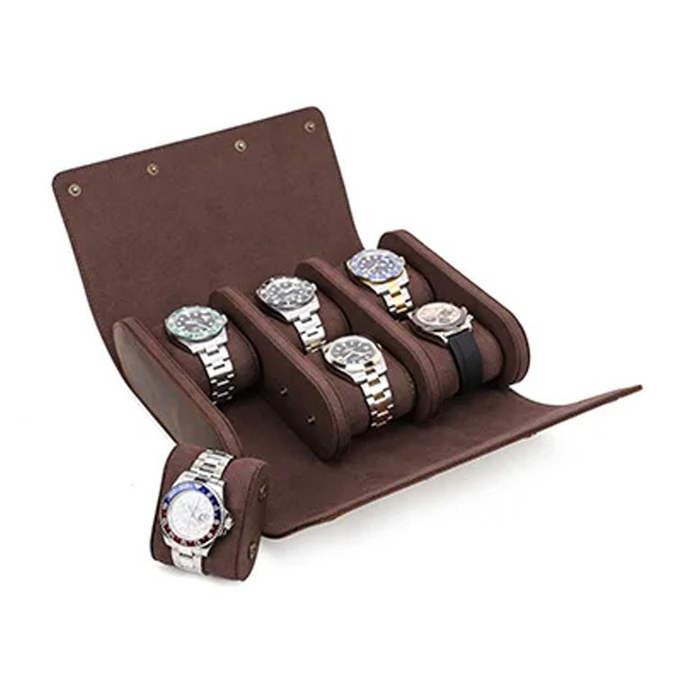 High Quality Handcrafted Travel Watch Roll Slide 6 Slot Vintage Real Leather Watch Box